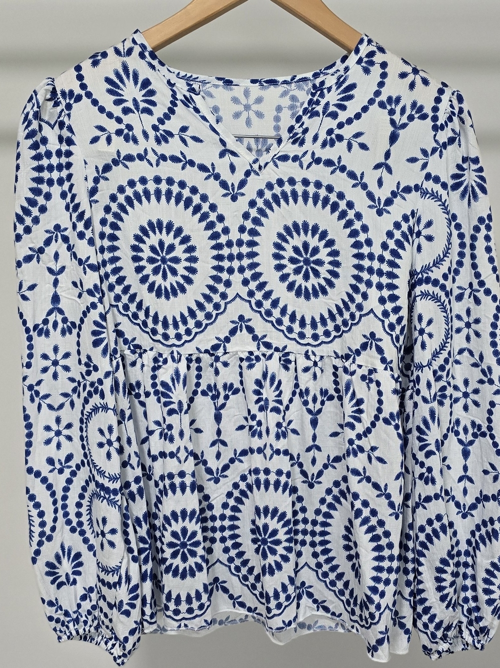 Blue Medallion Print Long-Sleeve Women’s Top